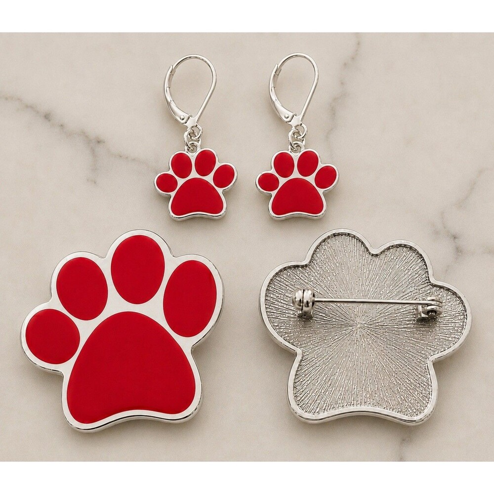 Orange Paw Print Earrings, Pin Brooch + Necklace Cord Silver tone Dog Cat Lovers